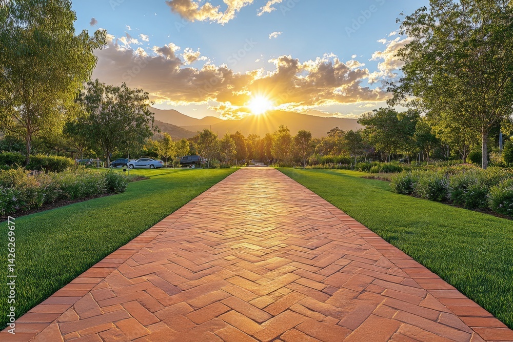 Poster sunset illuminates a brick pathway through a serene park with mountains in the background