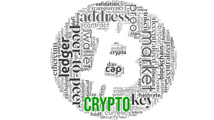 Innovative word cloud centered on "Crypto," featuring keywords related to cryptocurrency, blockchain, digital finance, and the future of money. Perfect for fintech, investment, and tech-related visual
