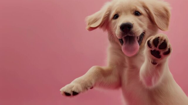 Cute golden retriever puppy raising paw to camera, dog shaking hand with his paw, greeting or asking for high five. Funny pet video footage for presentations about animals and pets.