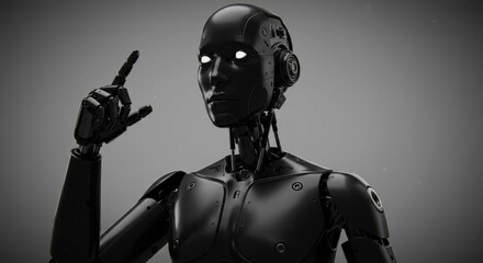 Naklejka premium Futuristic Humanoid Robot Design - A detailed of a black humanoid robot with glowing eyes, symbolizing artificial intelligence, technology, future, innovation, and human-like robotics