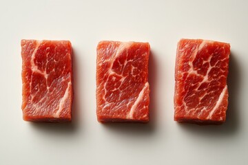 Slices of marbled beef displayed on a clean surface ready for cooking or grilling in a bright kitchen setting