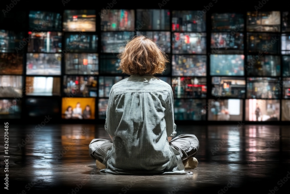 Aufkleber individual observing multiple digital screens displaying various visuals in an urban space during a 