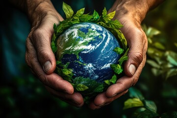 An ultra-realistic, high-resolution photograph of two hands holding the Earth with greenery wrapped around it.Concept of environmental protection