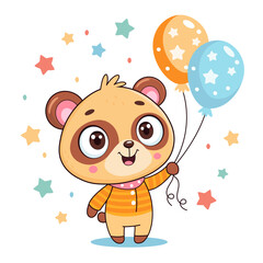 Vector Illustration of Cute Little Bear in Pajamas Holding Balloons with Stars, Perfect for Kids' Birthday Designs, Books, Posters, Stickers, and Children's Products Isolated on White