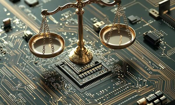 The golden scales of justice, in the retro style with cyberpunk elements and a background. The top left corner features an electronic chip.