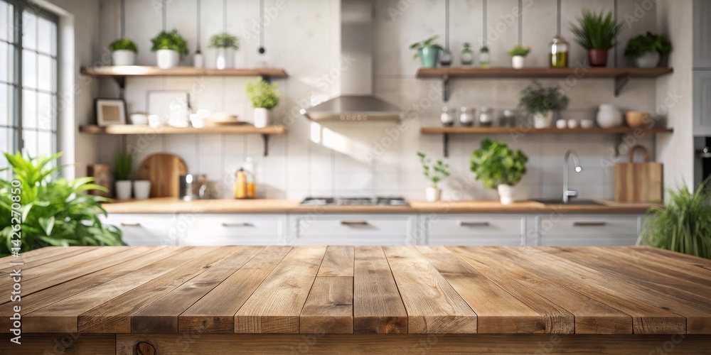Aufkleber rustic wooden tabletop with blurred background of a bright and airy kitchen featuring open shelving 