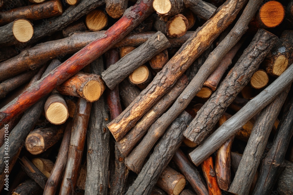 Poster Stacked firewood in various textures and colors ready for winter use in a rustic setting
