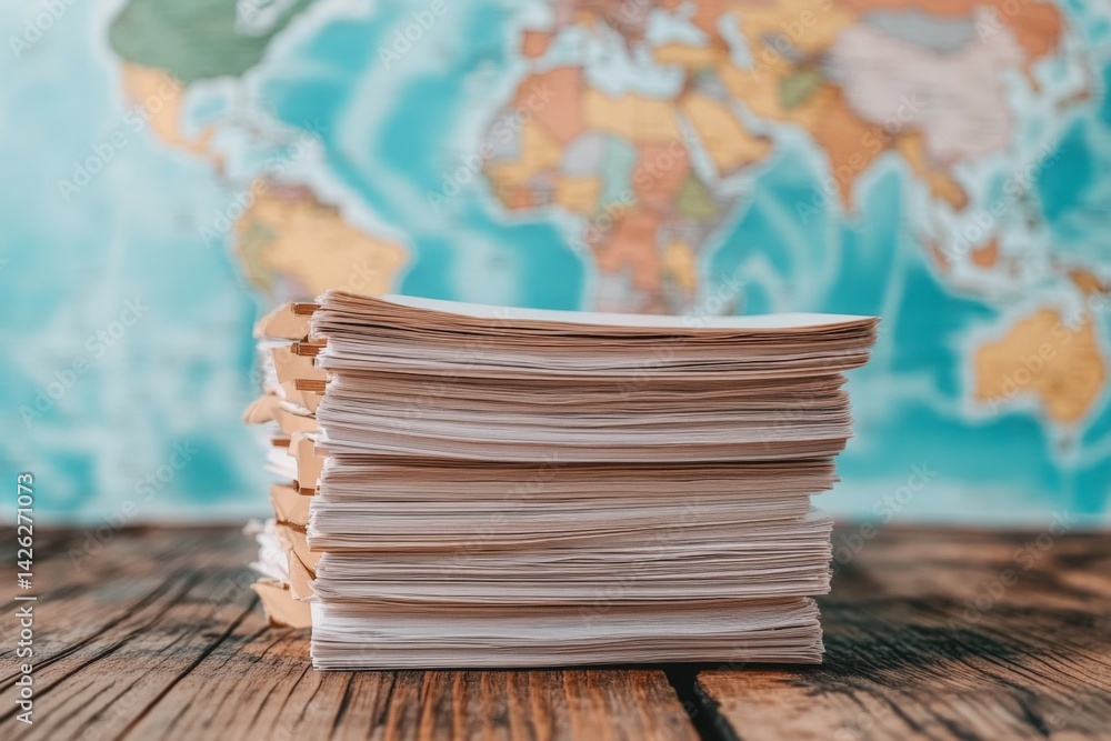 Aufkleber Stacked sheets of paper on a wooden table with a colorful world map in the background during daytime