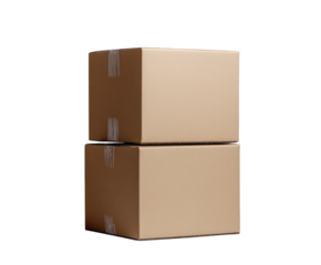 Two brown cardboard boxes are stacked securely, awaiting shipment to their destination. The warehouse setting is clear, and the lighting suggests it's afternoon