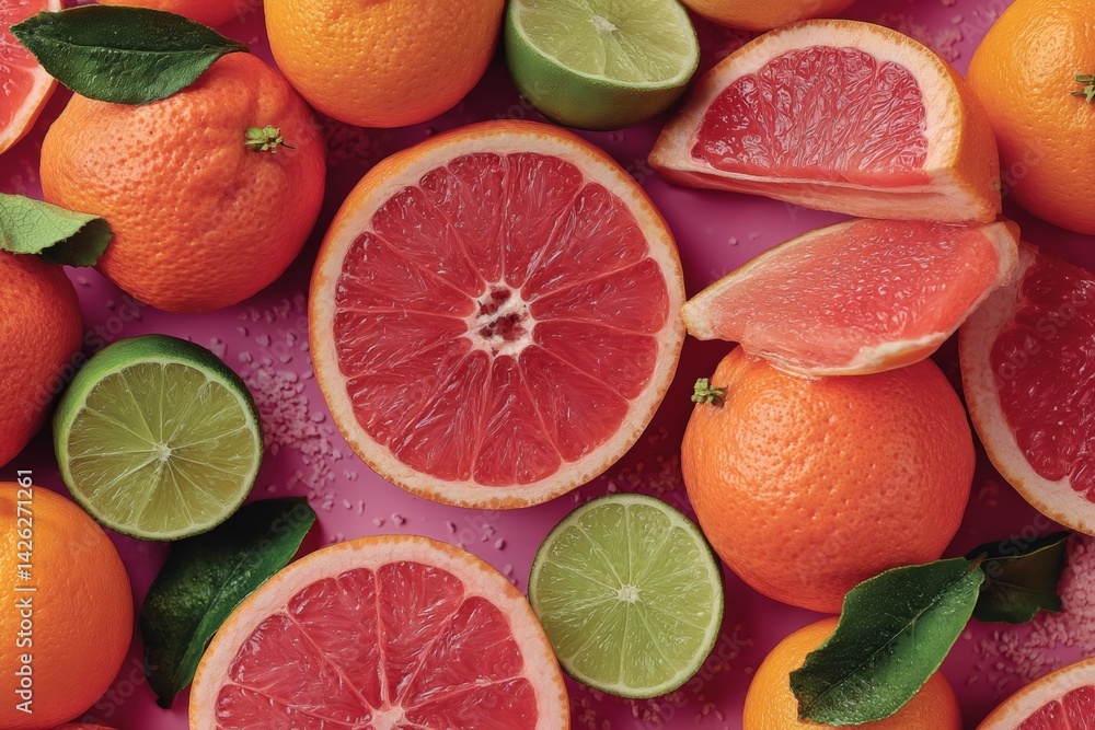 Poster Bright citrus fruits on a vibrant pink surface create a cheerful and refreshing contrast in a colorful display
