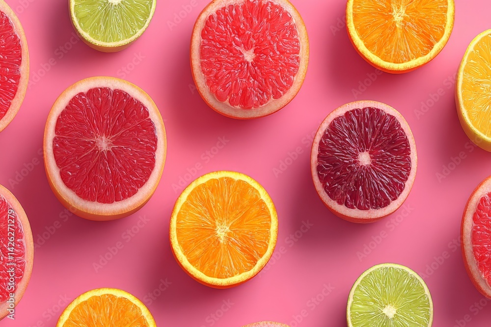 Poster colorful citrus fruits arranged on a pink background create a vibrant and fresh display of nature’s 
