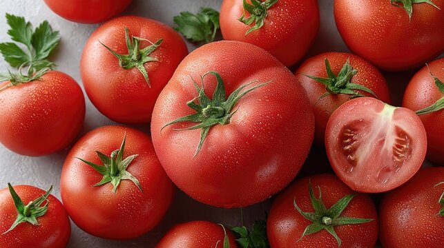 Numerous ripe red tomatoes are arranged with one tomato halved, highlighting their fresh appearance and water droplets - Powered by Adobe
