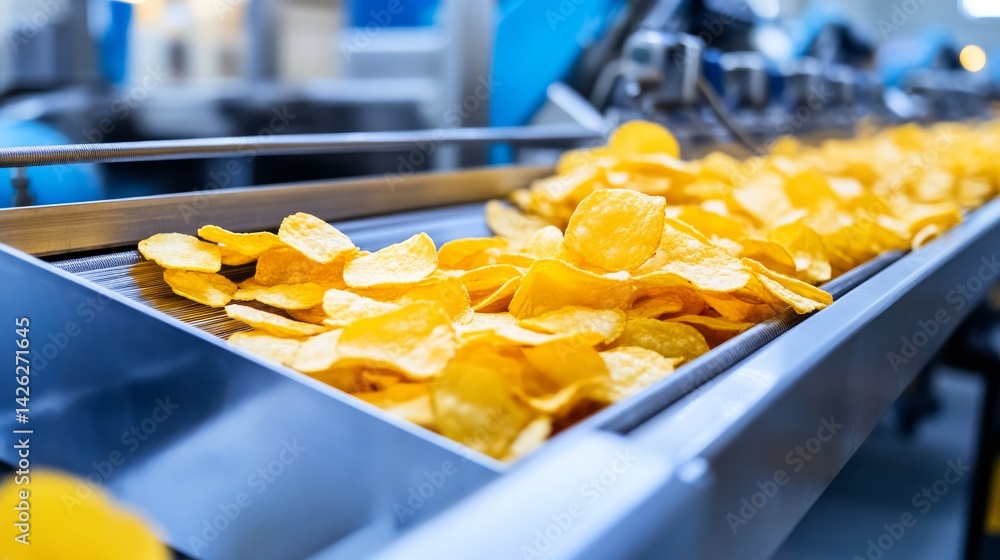 Poster automated conveyor belt efficiently processes a single bag of crispy potato chips in a food producti