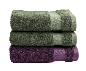 Three plush towels are stacked in a neat arrangement, featuring two shades of green on top and a rich purple at the bottom. These towels provide comfort and style for any bathroom setting