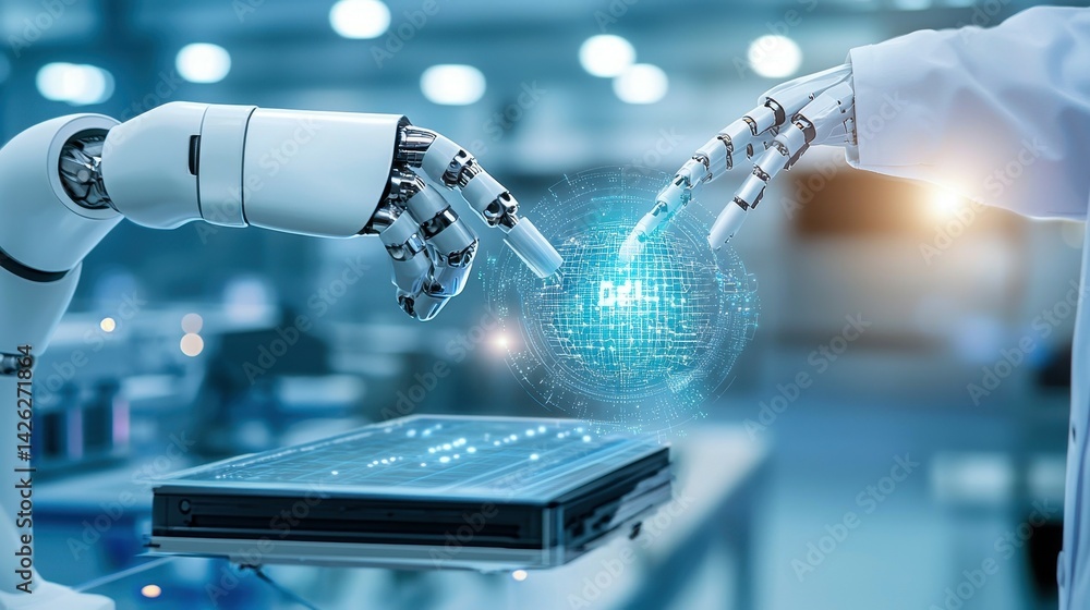 Poster futuristic robotic hands interacting with digital data in a modern tech lab.