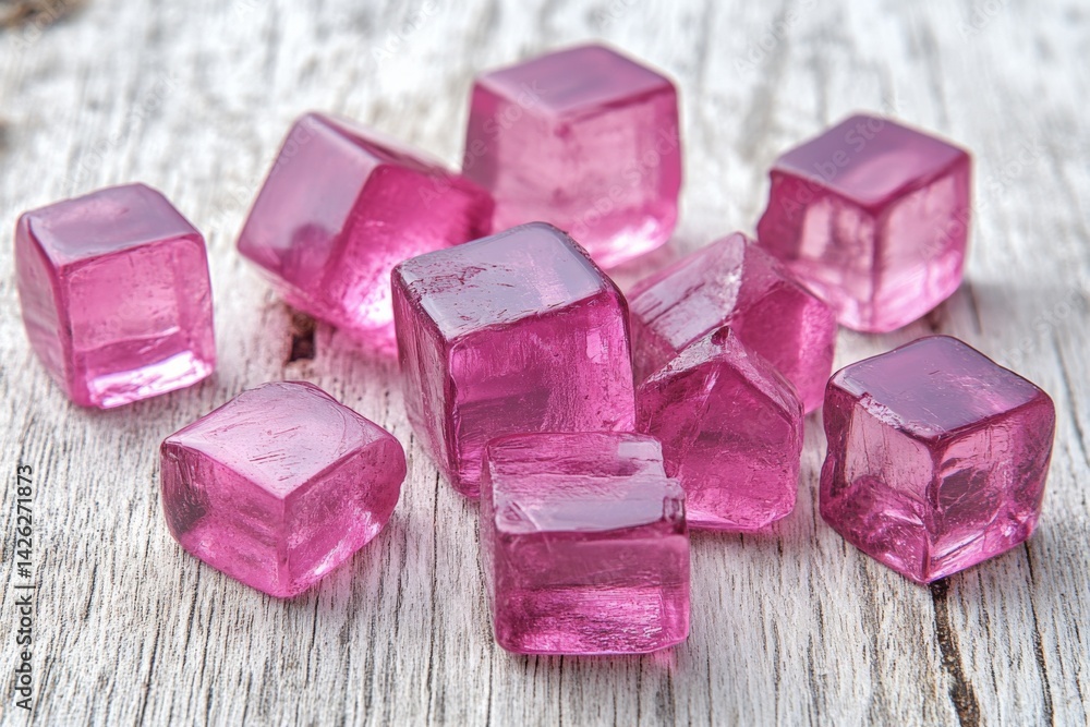 Aufkleber colorful pink resin cubes scattered on a rustic wooden surface create a vibrant decorative display i