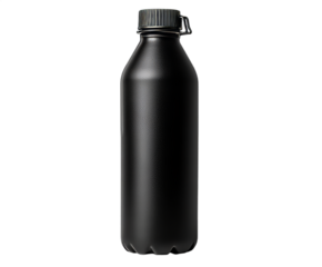 A sleek black reusable water bottle stands upright against a neutral background. Its design is practical for various activities like hiking, gym workouts, and everyday hydration