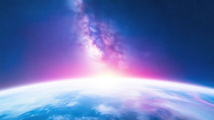 Fototapeta premium Earth Milky Way Galaxy Dreamlike Vibrant High-resolution Wide panoramic view Celestial sunrise Cosmic wonder Pink purple hues Space exploration imagery