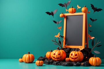 Halloween-themed orange display stand with jack-o'-lanterns and bats, bats, jack-o'-lanterns