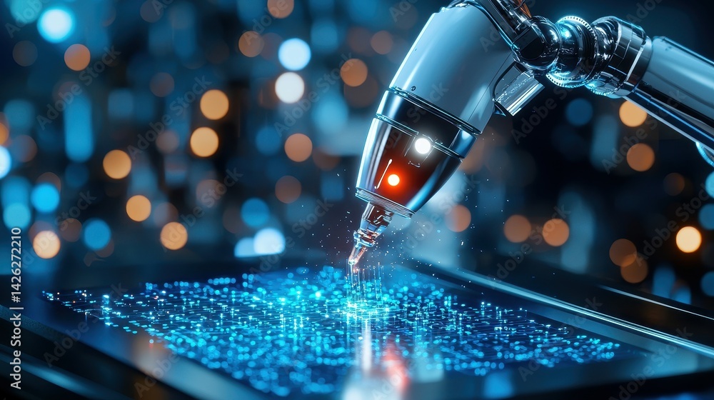 Poster futuristic robotic arm manipulating digital data on a glowing surface.