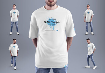 4 Oversized T-Shirt Mockups on a Young Man