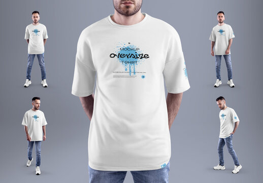 4 Oversized T-Shirt Mockups on a Young Man