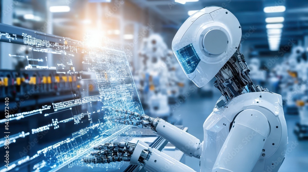 Poster futuristic humanoid robot working on a digital interface in a high-tech lab.