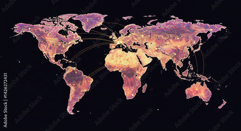 Poster global network connections world map - a stylized world map with glowing lines illustrating global i