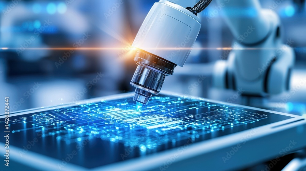 Poster advanced robotic arm with drill precision working on a digital circuit board.