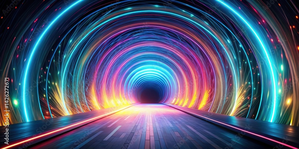 Poster abstract neon tunnel with illuminated pathway and vibrant swirls