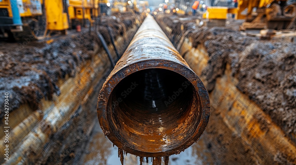 Poster rusty pipeline extends through a freshly dug trench.