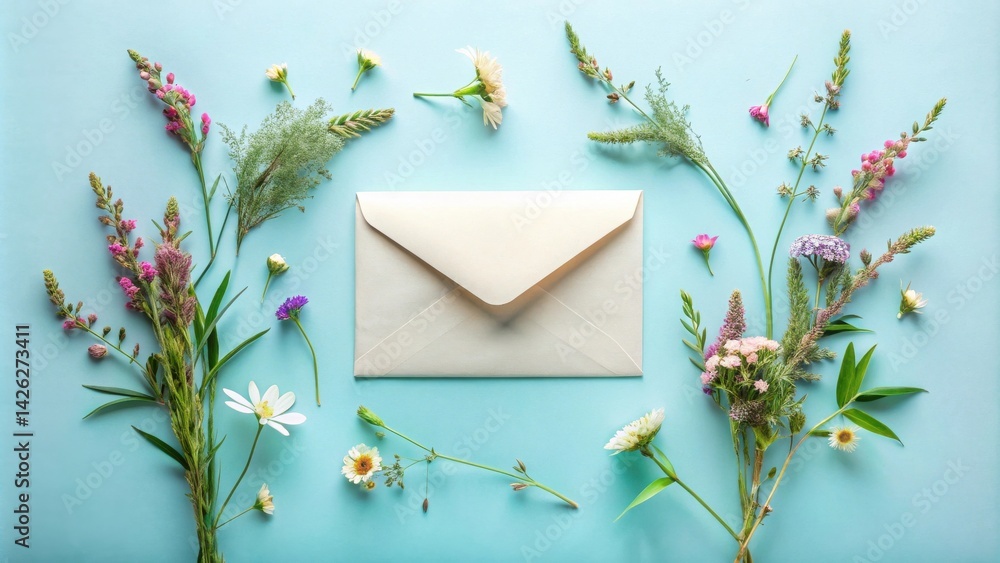 Poster a delicate cream envelope surrounded by a vibrant array of wildflowers on a pastel blue background