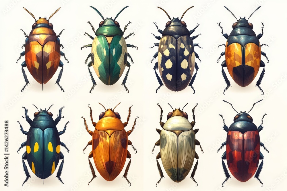 Poster Diverse collection of colorful beetles displayed on a light background in a natural history study setting