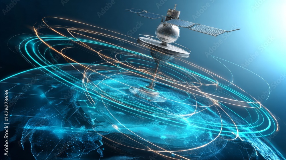 Poster satellite operations bot adjusting a floating communications array in low earth orbit