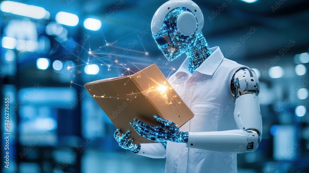 Poster a futuristic humanoid robot analyzing data in a modern workspace.