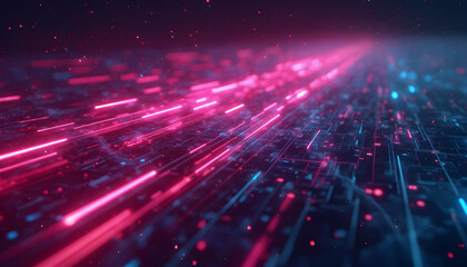 Fototapeta premium Digital Flow: Abstract streaks of vibrant pink and blue light flow across a dark, textured digital landscape, suggesting a high-tech, futuristic theme. 