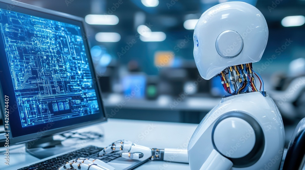 Poster a humanoid robot engages with a computer, showcasing advanced technology in a modern workspace.
