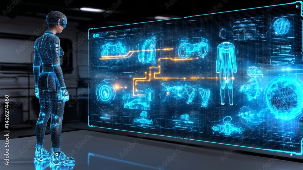 Poster streamlined android interacting with holographic display showcasing advanced engineering concepts