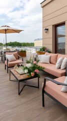 Fototapeta premium Modern rooftop terrace features pallet furniture, a white umbrella, and pink pillows overlooking the vibrant cityscape on a sunny day