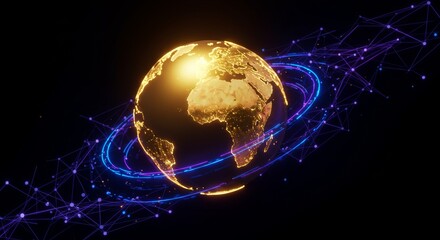 Obraz premium Golden Earth Globe Network Technology - Global network, connection, technological advancement, abstract background, futuristic concept. Symbolizes communication, innovation, progress
