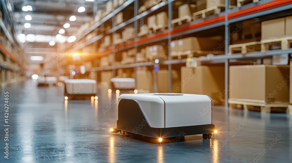 Poster automated warehouse robots navigating a busy storage area with boxes around.