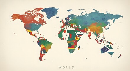 Colorful Watercolor World Map with Flags for Travel and Global Concepts
