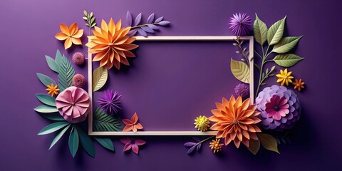 Vibrant Paper Flowers and Leaves Arranged Around a Simple Frame on a Deep Purple Background
