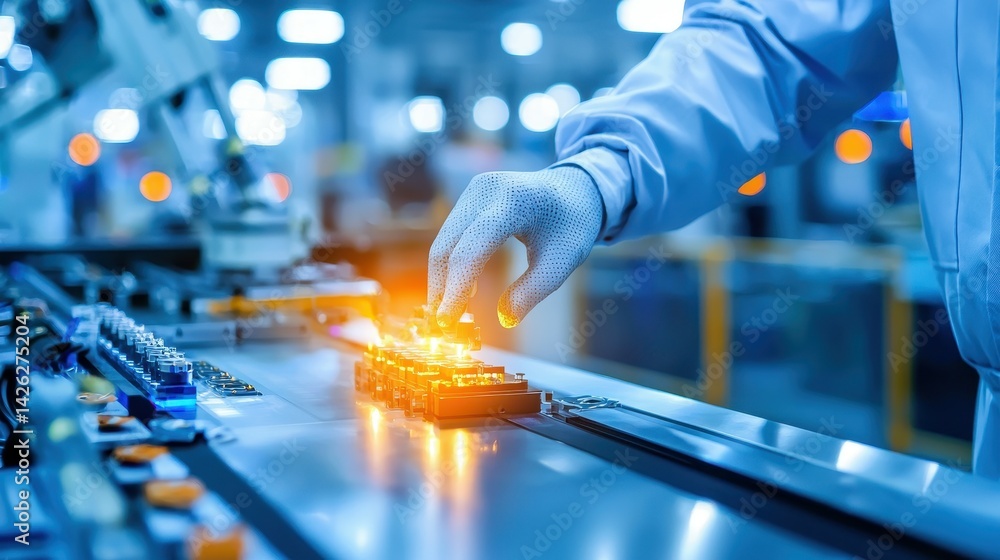Poster close-up of a gloved hand assembling electronic components in a factory setting.