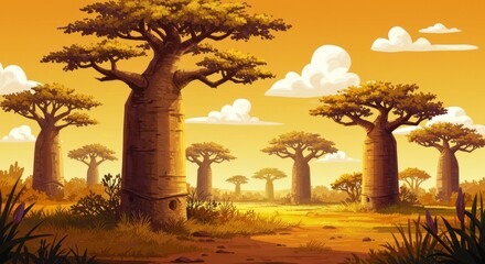 Golden Hour Baobab Grove - Majestic baobab trees symbolize strength, resilience, longevity, wisdom, and connection to nature, bathed in the warm glow of sunset
