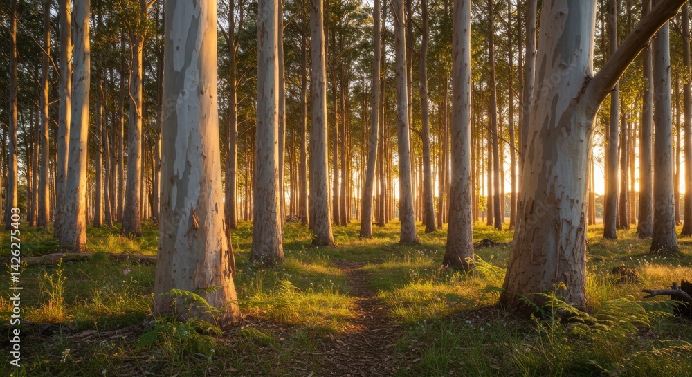 Poster golden hour forest path - a tranquil path winds through a sunlit forest, tall trees casting long sha