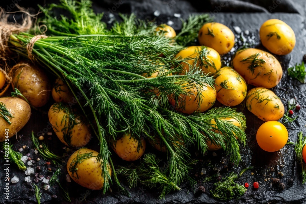Poster freshly harvested potatoes with dill on a dark rustic surface in a kitchen setting