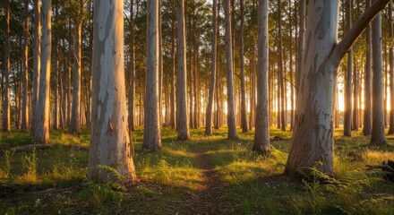 Golden Hour Forest Path - A tranquil path winds through a sunlit forest, tall trees casting long shadows. Warm light filters through the leaves
