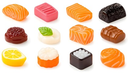 Assorted gummy candies shaped like various sushi pieces