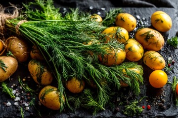 Freshly harvested potatoes with dill on a dark rustic surface in a kitchen setting